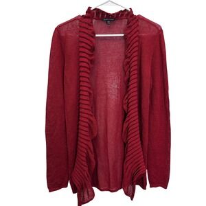 Eileen Fisher Red Linen Blend Ruffle Open Front Sheer Knit Cardigan Sweater M